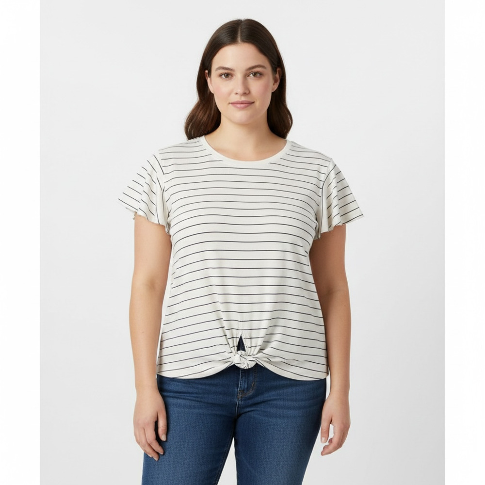 Time and Tru Striped Flutter Sleeve Front Tie T-Shirt Size L (12-14) - Picture 1 of 6